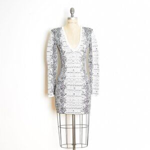 NWT Bebe bandage dress white black metallic snakeskin print deep V mini XS/S